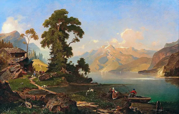 Mountains, Lake, Trees, People, Picture, Belgian painter, Mountain lake. Probably Achensee, Franz Richard Unterberger