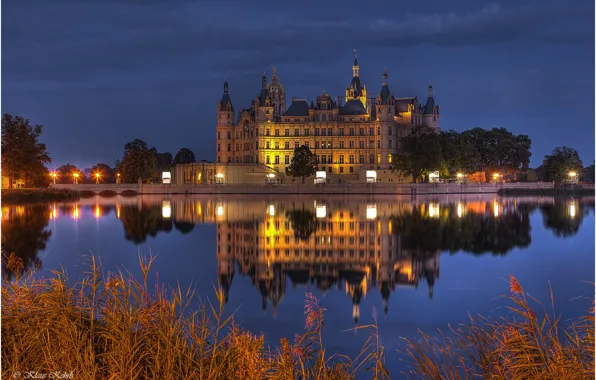 The sky, night, lights, lake, reflection, castle, Germany, lighting