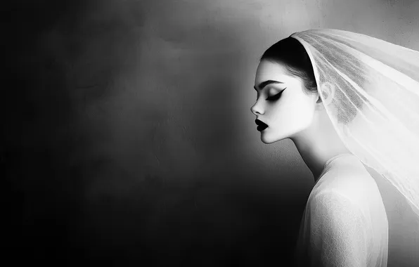 Girl, wall, makeup, arrow, brunette, profile, black and white, grey background