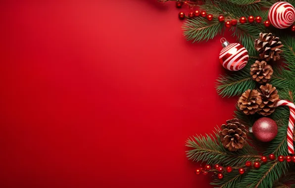 Balls, branches, Christmas, red, New year, needles, bumps, red background