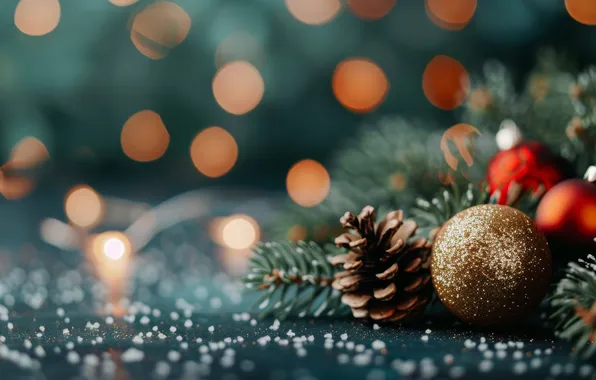 Balls, lights, Christmas, New year, needles, bumps, green background, bokeh
