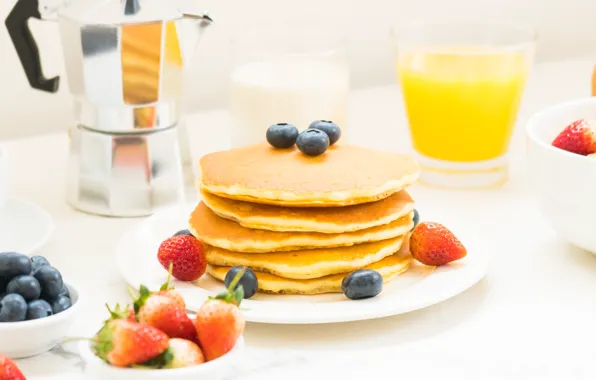 Berries, coffee, Breakfast, strawberry, juice, pancakes, orange