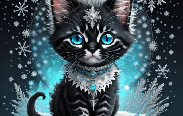 Winter, frost, cat, eyes, cat, look, snow, snowflakes