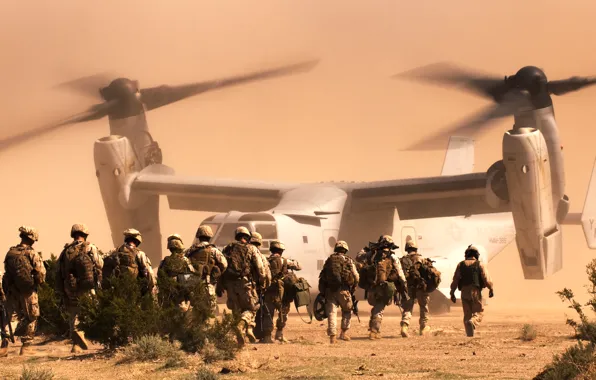 Desert, soldiers, the tiltrotor, Osprey, Marines, Bell V-22