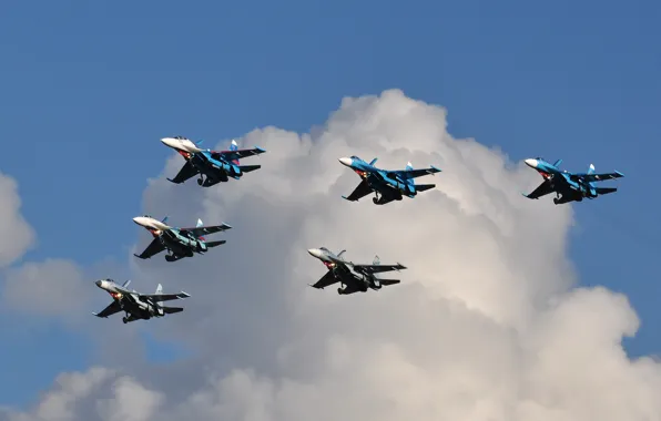 The sky, clouds, fighters, flight, Su-27