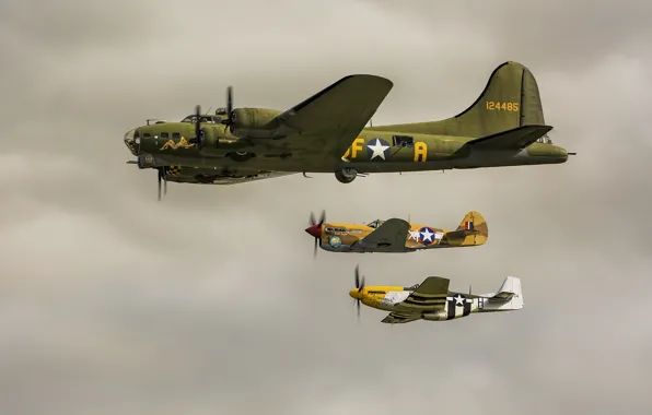 Picture flight, bomber, B-17, P-51 Mustang, Curtiss P-40