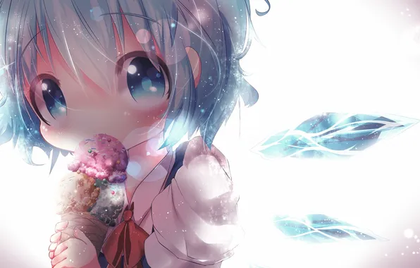 Picture girl, wings, anime, art, ice cream, crystals, touhou, cirno
