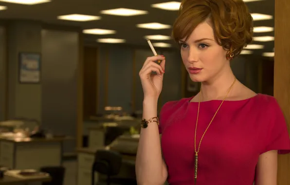 Actress, hairstyle, cigarette, bracelet, red, Christina Hendricks, Christina Hendricks