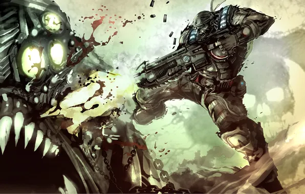 Picture skull, monster, soldiers, machine, chain, Gears of War, shots, equipment