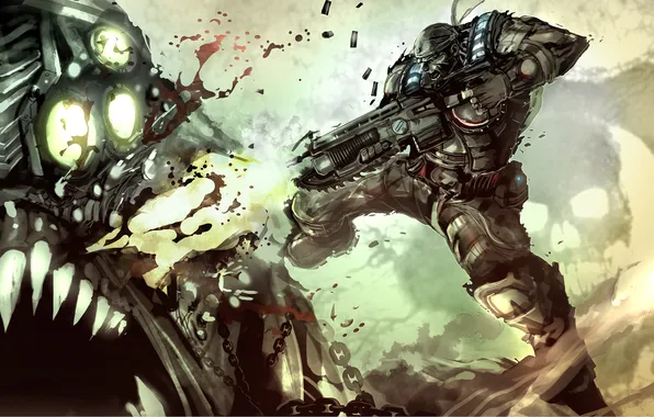Skull, monster, soldiers, machine, chain, Gears of War, shots, equipment