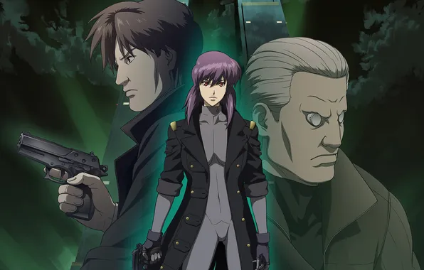 Picture girl, clouds, night, guns, cyborg, cloak, red eyes, Ghost in the shell