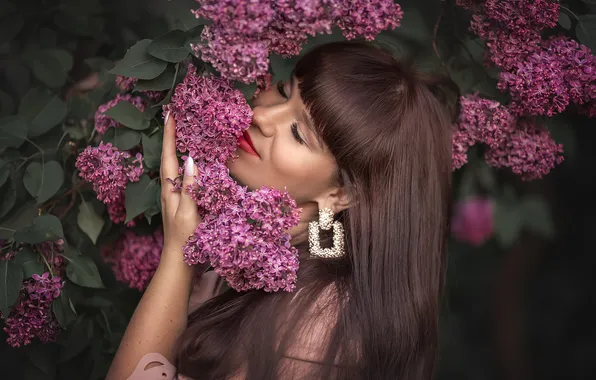 Girl, nature, pose, spring, earrings, brown hair, lilac, the lilac Bush
