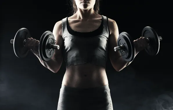 Woman, exercise, fitness, torso, dumbbells