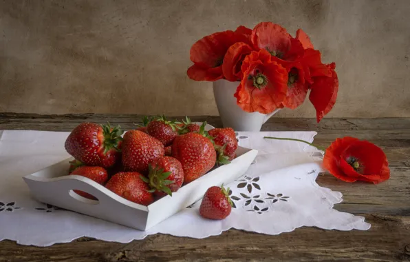 Flowers, berries, Maki, bouquet, strawberry, still life