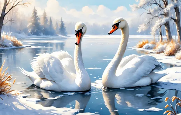 Winter, snow, birds, swans, pond, AI art, neural network