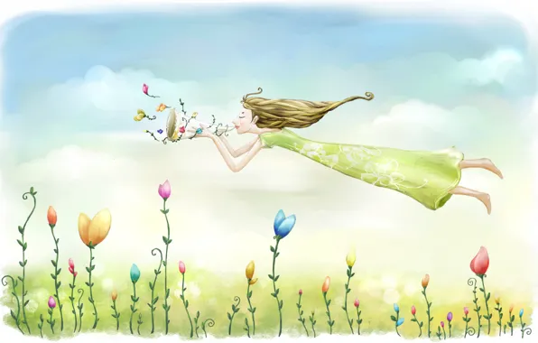 The sky, girl, flight, flowers, mood, figure, spring, meadow