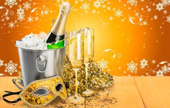 Ice, snowflakes, yellow, table, background, holiday, glass, bottle