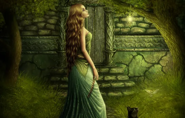 Cat, girl, house, figure, art, illustration