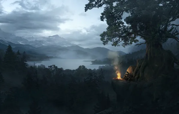 Picture mountains, the fire, pond, Solomon Kane, Black Forest Landscape