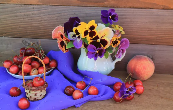 Flowers, cherry, vase, Pansy, peaches