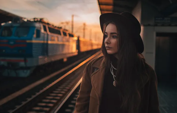 Picture station, train, portrait, hat