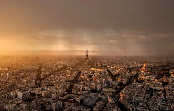Sunset, clouds, the city, Paris, view, building, panorama, Eiffel tower