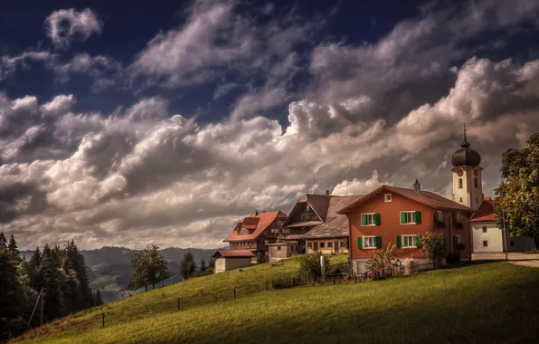 Picture grass, clouds, trees, mountains, field, home, treatment, Switzerland
