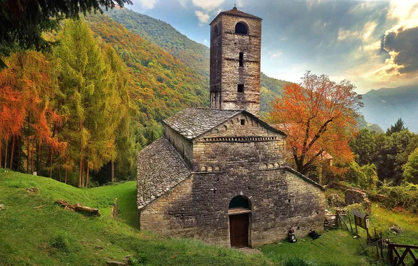 Picture autumn, grass, trees, mountains, house, tower, slope, Alps