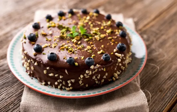 Decoration, blueberries, cake, nuts, cream, dessert, sweet, chocolate
