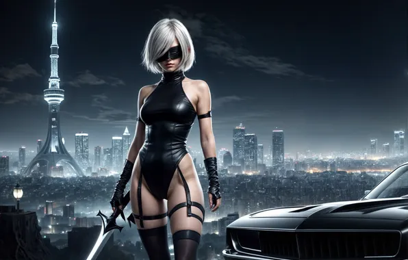 Girl, the city, sword, YoRHa No.2 Type B, the image is generated by AI