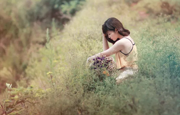 Field, summer, girl, mood