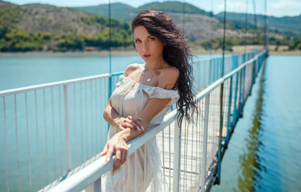 Picture look, girl, bridge, pose, river, dress, brunette, neckline