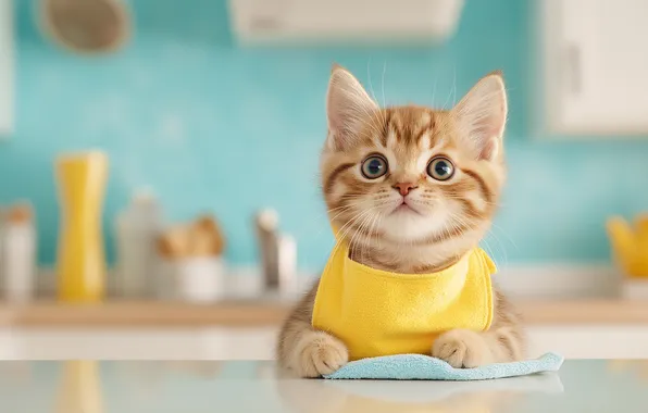 Cat, look, pose, kitty, table, red, kitchen, waiting