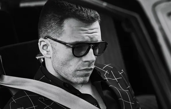 Auto, glasses, black and white, actor, in the car, Sebastian Stan, Sebastian Stan