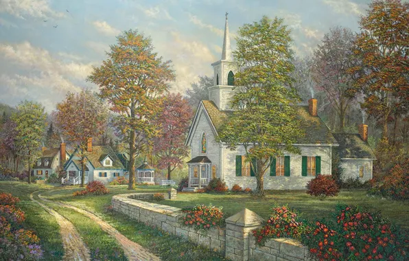 Road, sky, flowers, clouds, Thomas Kinkade, cottages, gazebo, bank