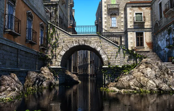Bridge, stones, building, pond, Tuscany PW