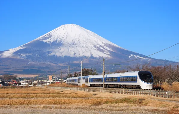 The sky, the city, Japan, train, mountain, home, Fuji