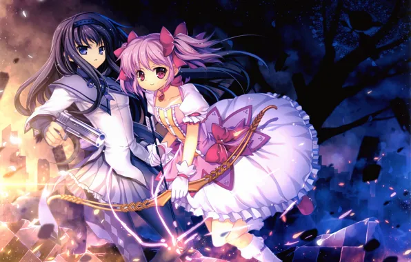 Picture gun, weapons, girls, bow, art, mahou shoujo madoka magica, dresses, looking at the viewer