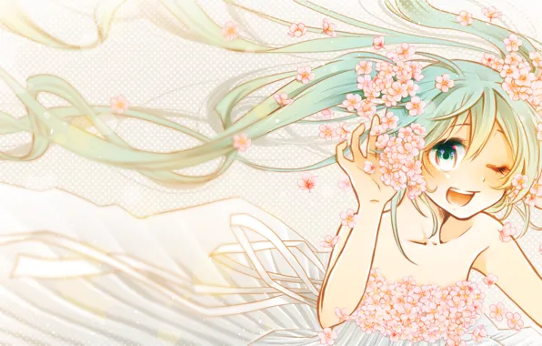 Picture girl, joy, flowers, smile, anime, Sakura, art, vocaloid