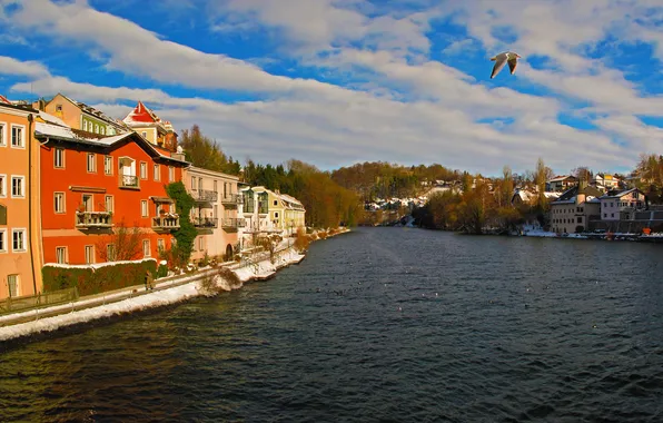 The sky, the city, river, photo, home, Austria, Gmunden