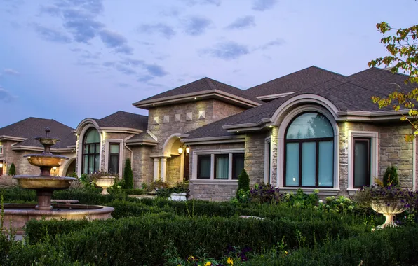 The city, photo, home, fountain, mansion, the bushes