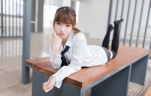 Beautiful, Asian, Model, Table, Woman, Pretty, Japanese, Uniform
