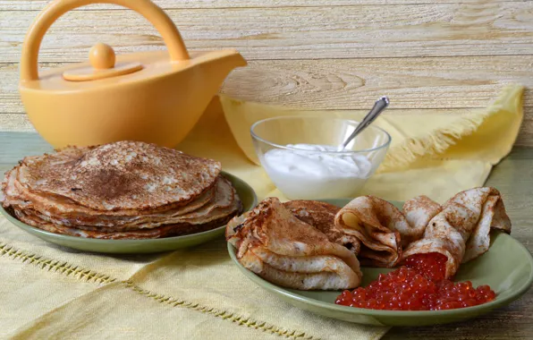 Pancakes, caviar, sour cream