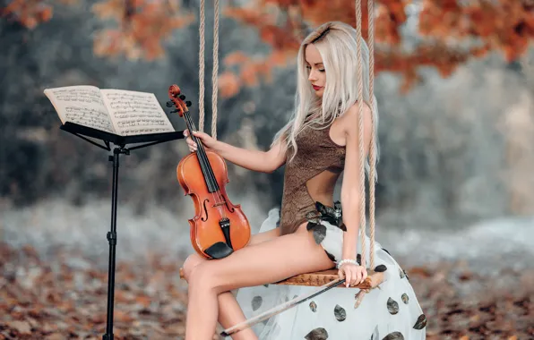 Autumn, girl, pose, notes, swing, mood, violin, figure