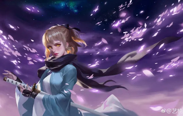 The sky, girl, clouds, sword, art, the saber, Sakura Know, Fate / Grand Order