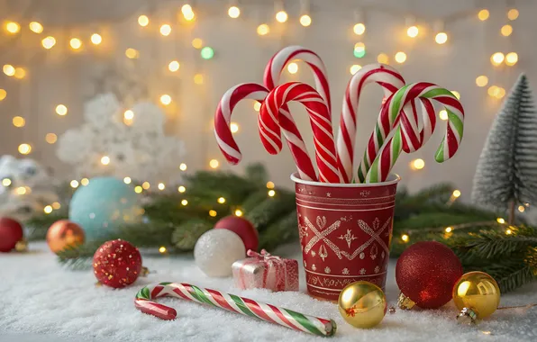 Balls, branches, lights, box, gift, Christmas, mug, New year
