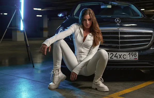 Machine, auto, girl, pose, feet, Mercedes-Benz, hands, Parking