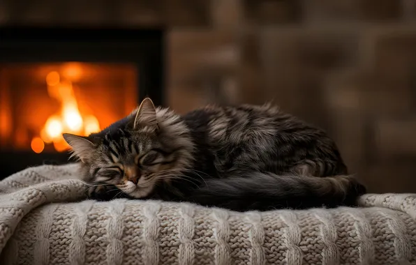 Cat, cat, pose, grey, room, fire, sleep, sleeping