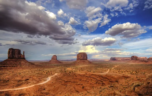 Picture the sky, clouds, landscape, mountains, machine, nature, rocks, desert, beauty, America, road, cars, auto, photo, …