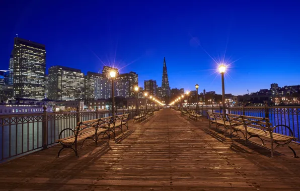 Night, bridge, lights, lights, San Francisco, USA, benches
